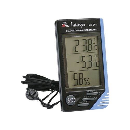 Termo-Higrômetro Digital Temperatura Externa -50~70°C Interna 0~50°C Res. 0.1°C Minipa MT-241