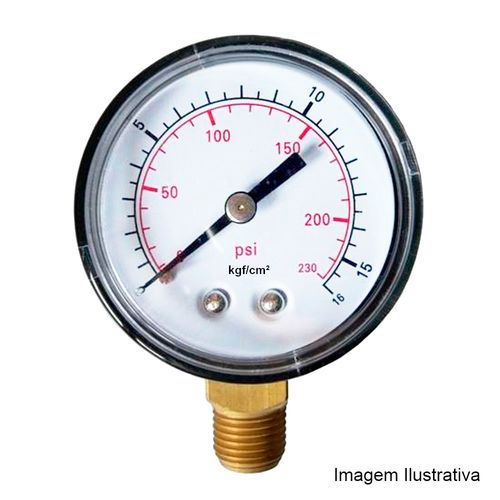 Manômetro Caixa Aço Carbono Interno de Latão Ø50mm Classe B Escala Dupla 0 a 28kg/cm² (400Psi) Rosca 1/8NPT Reto Novotest.br TECN-500.50R28