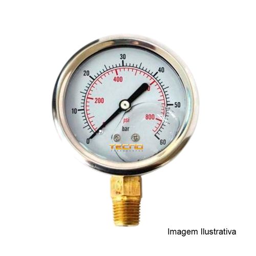 Manômetro Caixa Aço Inox Interno de Latão Glicerinado Ø50mm Classe B Escala Dupla 0 a 1,6kgf/cm² Rosca 1/8"NPT Reto Novotest.br TECN-650.50R1.6
