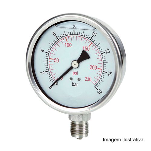 Manômetro Total Inox Glicerinado Ø63mm Classe A1 Escala Dupla 0 a 1kgf/cm² Rosca 1/4"NPT Reto Novotest.br TECN-750.63R1
