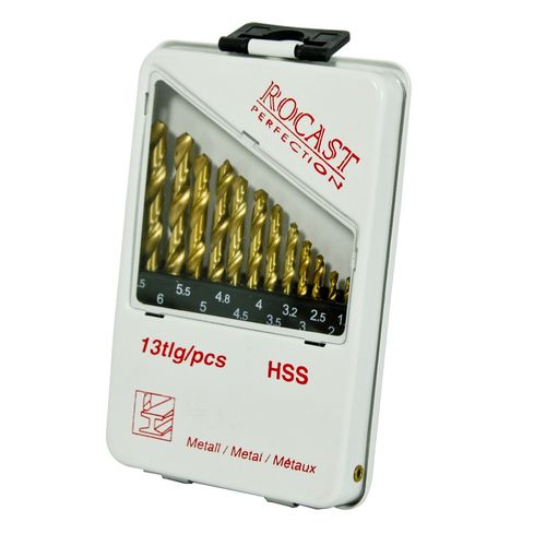 Jogo de Brocas Helicoidais com Haste Cilíndrica com Tratamento de Titânio em Aço Rápido (HSS) - 13 Pcs - 1,5 a 6,5mm - Ref. 338 Rocast 137,0057
