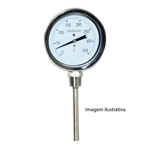 Termômetro Bimetálico Total Aço Inox Escala 0-250°C Ø100mm ØRosca 1/2" BSP ØHaste 3/8" Saída Reta Novotest.br TER-100H150R250