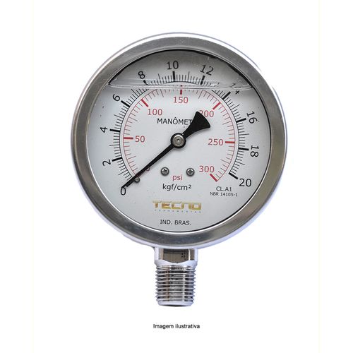Manômetro com Glicerina Mostrador Ø100mm Total Inox Rosca de 1/2"NPT Escala 0 a 20kgf/cm² Reto Novotest.br TECN-750.100R20