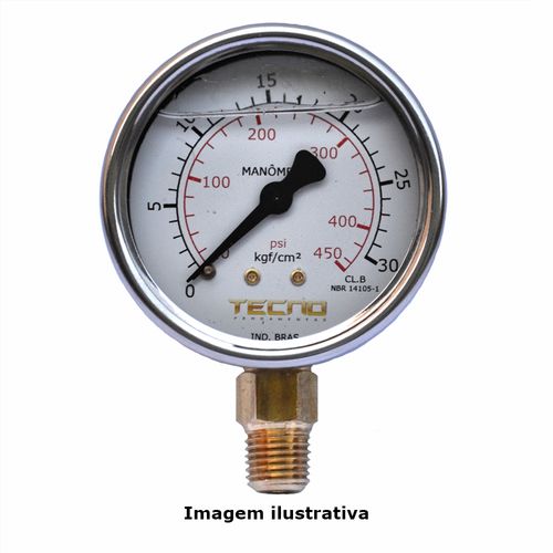 Manômetro Caixa Aço Inox Interno de Latão Glicerinado Ø63mm Classe B Escala Dupla 0 a 30kgf/cm² Rosca 1/4"NPT Reto Novotest.br TECN-650.63R30