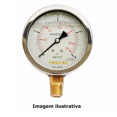 Manômetro Caixa Aço Inox Interno de Latão Glicerinado Ø100mm Classe B Escala 0 a 4kgf/cm² Dupla Rosca 1/2"NPT Reto Novotest.br TECN-650.100R4