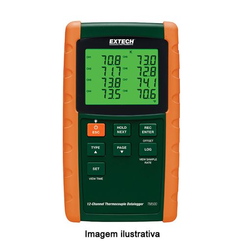 Termômetro Registrador de Dados 12 Canais Capacidade -100 a 1300°C para Sensor Termopar K, J, T, E, R e S Extech TM500