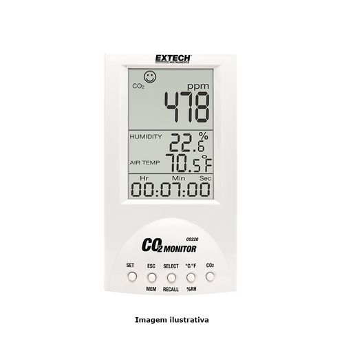 Medidor de Dióxido de Carbono CO2 Capacidade 0 a 9999ppm Monitora a Qualidade do Ar Extech CO220