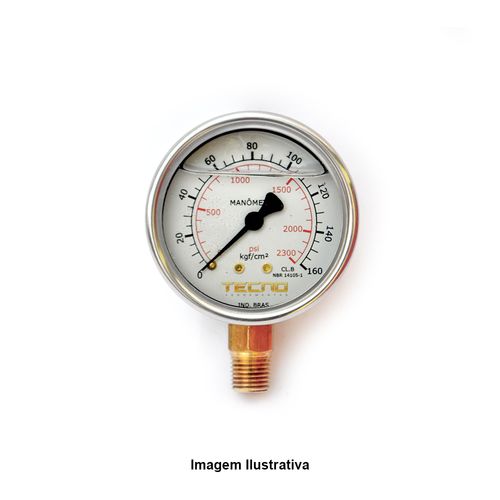 Manômetro Caixa Aço Inox Interno de Latão Glicerinado Ø63mm Classe B Escala Dupla 0 a 160kgf/cm² Rosca 1/4"NPT Reto Novotest.br TECN-650.63R160