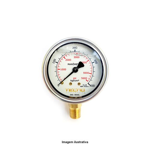 Manômetro Caixa Aço Inox Interno de Latão Glicerinado Ø63mm Classe B Escala Dupla 0 a 400kgf/cm² Rosca 1/4"NPT Reto Novotest.br TECN-650.63R400