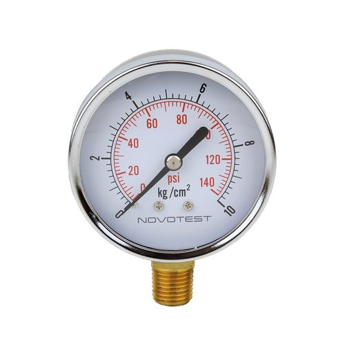 Manômetro caixa aço carbono interno de latão ø63 mm classe B escala 10 Kgf/cm² = 140 psi 1/4'' NPT reto Novotest.br PEM215R3R1