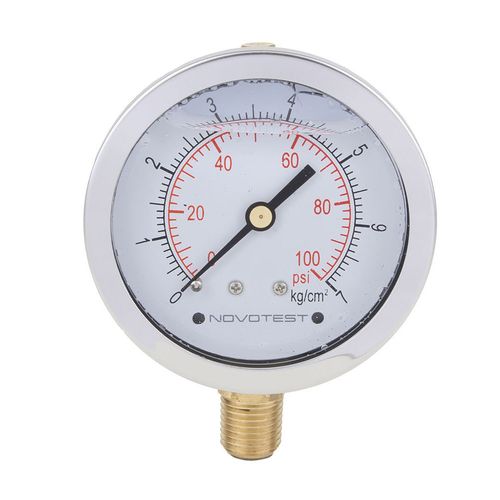 Manômetro Caixa Aço Inox Interno de Latão Glicerinado Ø63mm Classe B Escala Dupla 0 a 7kgf/cm² Rosca 1/4"NPT Reto Novotest.br PFQ804R3R1T