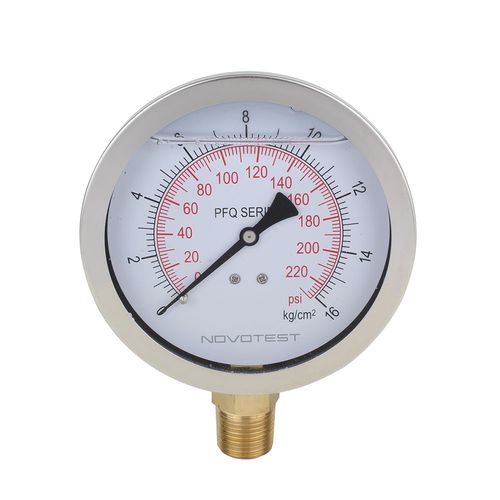 Manômetro caixa aço inox interno de latão glicerinado ø100 mm classe B escala 0 a 16 Kgf/cm² dupla rosca 1/2'' NPT reto Novotest.br PFQ1247R3R1S