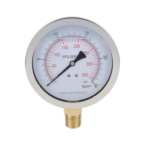 Manômetro caixa aço inox interno de latão glicerinado ø100 mm classe B escala 0 a 25 Kgf/cm² dupla rosca 1/2'' NPT reto Novotest.br PFQ1248R3R1S