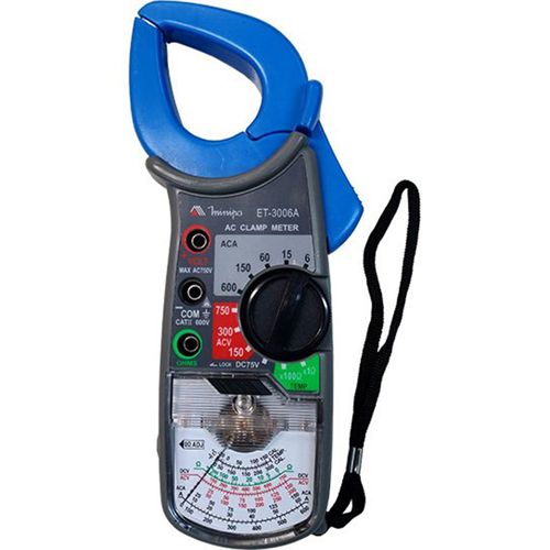 Alicate amperímetro analógico tensão AC/DC Resis x1O (0~1kO) e x100O (0~100kO) Temp -20°C~150°C Precisão ± 5% do fundo da escala Minipa ET-3006A