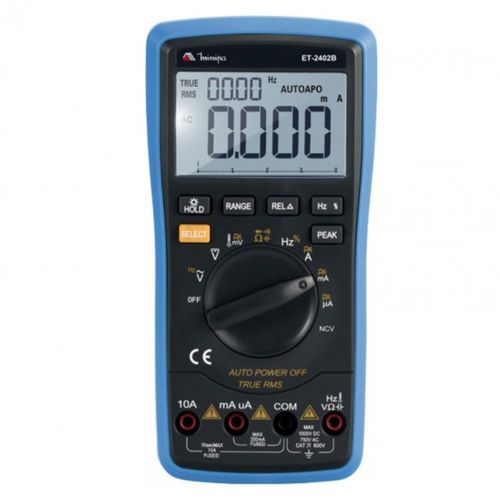 Multímetro Digital Tensão 200mV-1000VDC 200mV-750VAC 200µ -10A AC/DC 200-20 MOhms 20nF-2000 µF 10 Hz-20 MHz -20-1000°C Precisão 0,8% Minipa ET-2402B