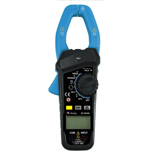Alicate Amperímetro Corrente AC e DC 60 a 1000A Abertura da Garra 50mm Detecção de Tensão Sem Contato NCV Lanterna na Garra CAT III Minipa ET-3810A
