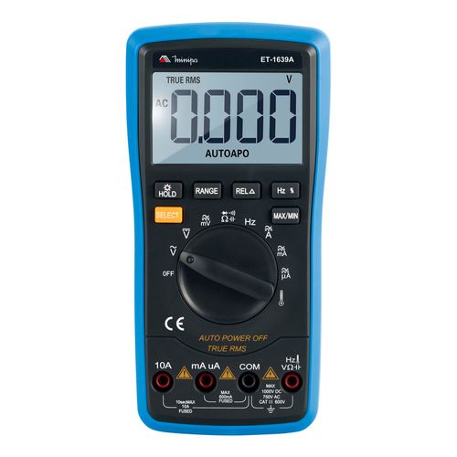 Multímetro digital LCD 3 5/6 tensão AC/DC corrente Ac/DC RMS prec 0,5% CAT III 600 V Minipa ET-1639A