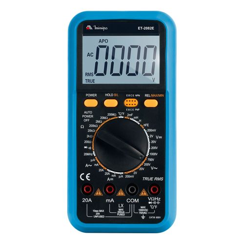 Multímetro digital LCD 3 ½ tensão DC/AC RMS cor DC/AC RMS HFE prec 0,5% CAT III 600V Minipa ET-2082E