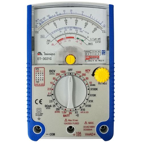 Multímetro Analógico Tensão 10 a 1000VAC Corrente 0,5m a 10A AC Resistência 2K a 200MOhms Decibel -22 a 62dB CAT III 500V Minipa ET-3021C