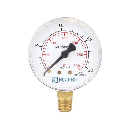 Manômetro caixa aço carb int latão ø63 mm 0-20kg/cm²-300psi 1/4 NPT reto Novotest.br TECN-500.63R20