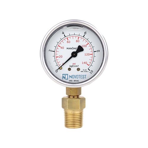 Manômetro caixa aço carbono interno latão Ø63MM escala dupla 0-10KG/CM² 140PSI, rosca 1/4 c/ adap. 1/2 reto glicerinado Novotest.br TECN-550.63R10-1/2