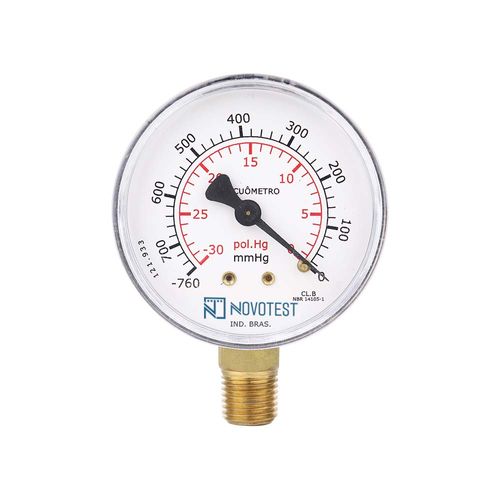 Vacuômetro 63 mm classe B escala dupla 0-30'' Hg-760 mmHg rosca 1/4'' NPT Saída vertical caixa aço carbono Novotest.br VAC-500.63R