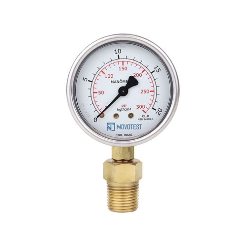 Manômetro caixa de aço carbono interno de latão glicerinado Classe B 0-20 kgf/cm² = 300 psi 1/4 adaptador 1/2 NPT reto Novotest.br 72449