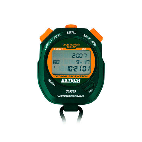 Cronômetro digital 1/100 seg com res selecionável 1/1000 min à prova d'água com funções timer relógio calendário e alarme EXTECH 365535