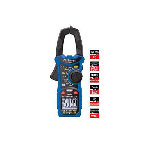 Alicate Amperímetro Digital Corrente AC 6A-600A Tensão DC 600Mv-600V Tensão AC 6V-600V Resistência Capacitância Frequência Temperatura Minipa ET-3166B