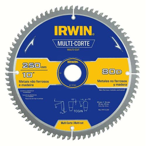 Serra Circular Multi Corte Dentes de Metal Duro Reafiáveis 250 mm X 80D X 30 mm IRWIN 15199