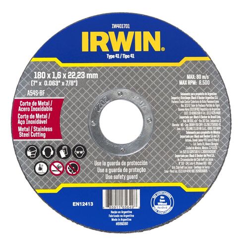Disco de Corte Alto Desempenho Fino Metal Inox   7´´ X 1,6 mm X 7/8´´ IRWIN IW401701