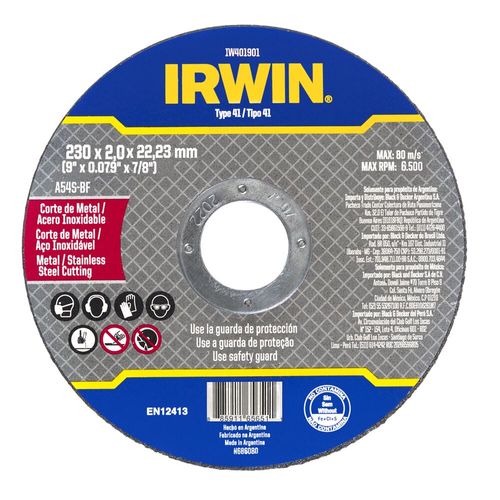 Disco de Corte Alto Desempenho Fino Metal Inox   9´´ X 2,0 mm X 7/8´´ IRWIN IW401901
