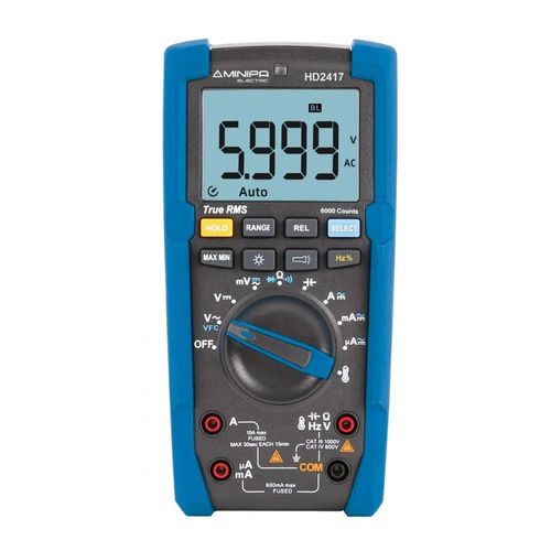 Multimetro Digital CAT IV/600V, True RMS/6.000 cont, 1.000 VCA/VCC, 10 ACA/ACC, 60 M, 6.000 UF, Freq, DutyCycle, Temp Minipa HD2417