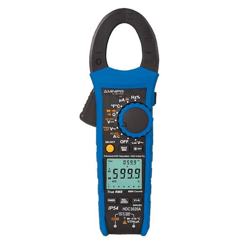 Alicate Amperímetro Digital 6.000 contagens/CAT IV 600V/True RMS AC/AC+DC/Sequência de fase/IP54/Teste de queda 2m Minipa HDC3020A