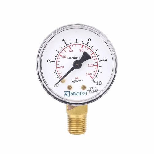 Manômetro Caixa Aço Carbono Interno de Latão Ø63mm Classe B Escala Dupla 0 a 2,5kg/cm² (35Psi) Rosca 1/4"NPT Angular Novotest.br TECN-500.63A2.5