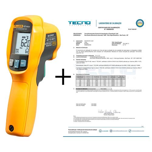 Termômetro Infravermelho com Certificado de Calibração Rastreado RBC/Inmetro -30°C a 500°C IP54 10:1 Fluke-62MAX-CAL
