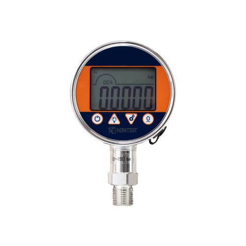 Manômetro digital 5 dig -1~30Bar total inox Ø100mm precisão 0,25% F.E saída reta 1/2'' BSP 11 unidades de pressão Novotest.br TEC-323P30