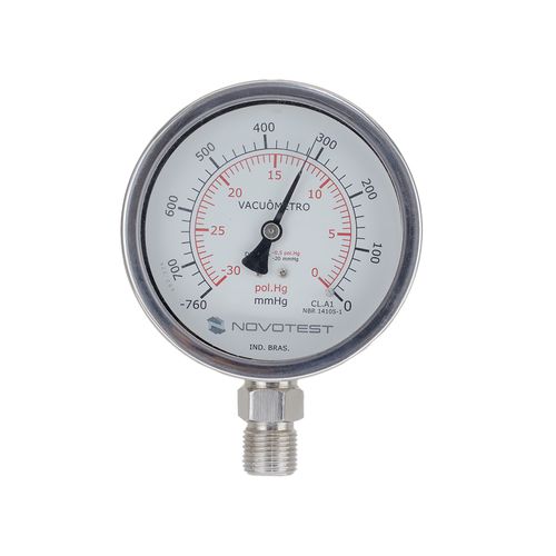 Vacuômetro total inox mostrador Ø100mm escala 0~30polHg = 760 MMHG rosca 1/2 BSP saída vertical/reta Novotest.br VAC-700.100R