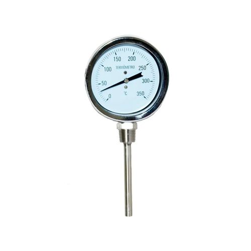 Termômetro Bimetálico Total Aço Inox Escala 0-300°C Ø150mm ØRosca 1/2" BSP ØHaste 3/8" Saída Reta Novotest.br ITER-150H100R300