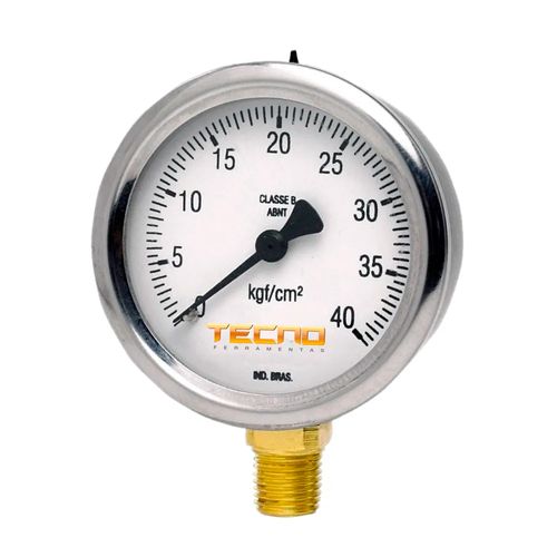 Manômetro Caixa Inox Interno Latão Mostrador Ø100mm Escala 0 a 20kgf/cm² Rosca de 1/2"NPT Reto Novotest.br TECN-600.100R20
