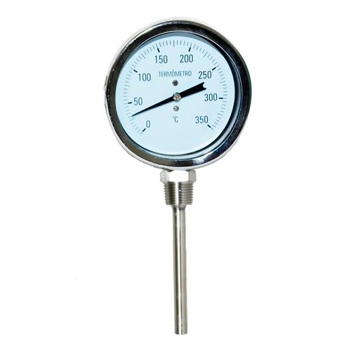 Termômetro Bimetálico Total Aço Inox Escala 0-150°C Ø80mm ØRosca 1/2" BSP ØHaste 3/8" Saída Reta Novotest.br ITER-80H100R150