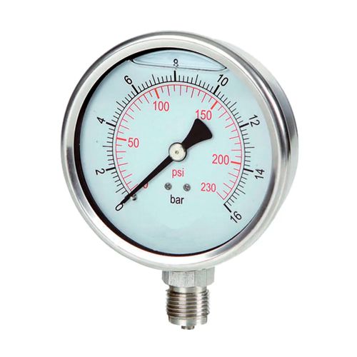 Manômetro com Glicerina Mostrador Ø100mm Total Inox Rosca de 1/2"NPT Escala 0 a 250kgf/cm² Reto Novotest.br TECN-750.100R250