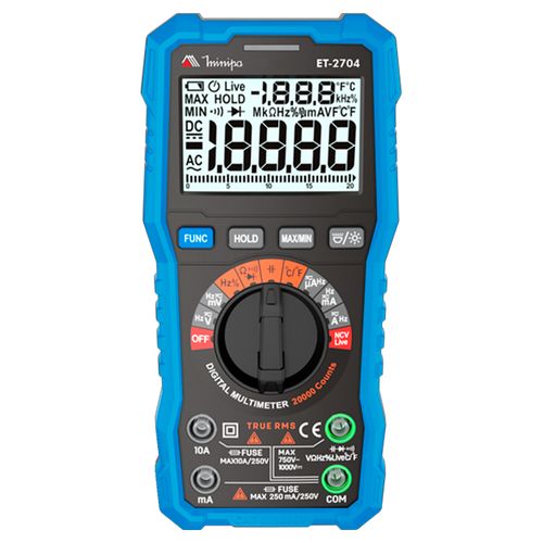 Multímetro digital 4 1/2'' 20000 dig CAT IV 600V AC 750V DC 1000V 10A 100MOhm T. RMS Continuidade Minipa ET-2704