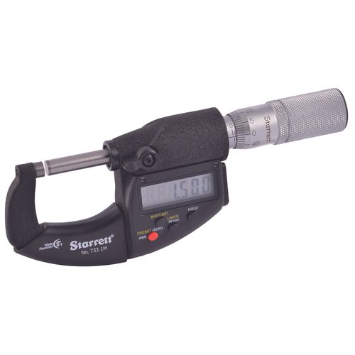 Micrômetro externo digital IP67 0 a 25 mm/0 a 1'' Res 0,001 mm/0,00005'' saída de dados faces de metal duro Starrett 733.1MEXFL-25