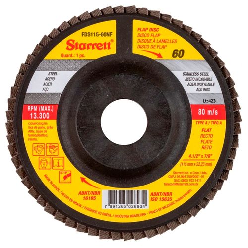 Disco flap nylon reto tipo A 115x22,23mm 4.1/2''x7/8'' grão 60 STARRETT FDS115-60NF