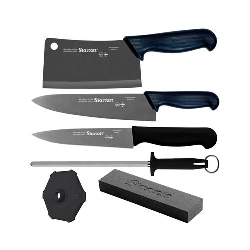 Kit para churrasco 3 facas chaira com protetor pedra de afiar aço inox antimicrobiano NSF cabo preto STARRETT BKK-6B