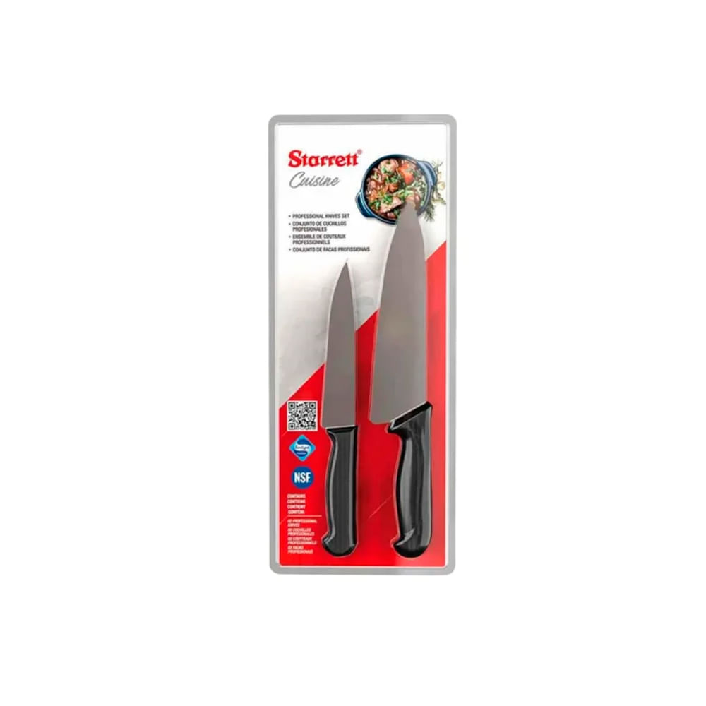 Kit de cozinha 2 facas 6 e 8 aço inox cabo preto antimicrobiano NSF STARRETT BKK-2B